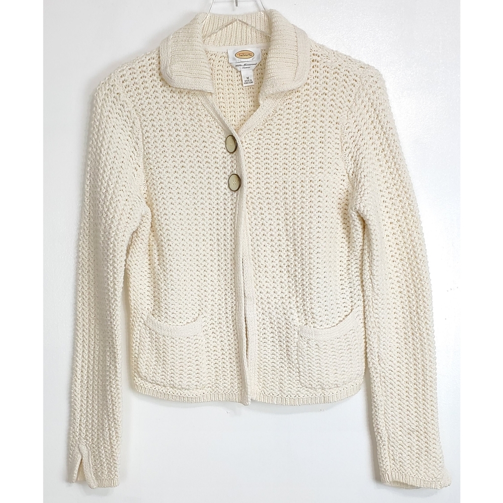 Talbots medium crochet knit button cardigan sweater beige vintage y2k grandma